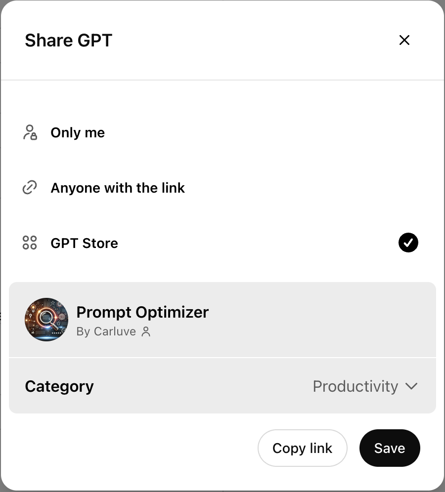 Image 6 – "Share GPT" modal with visibility options: Only me, Anyone with link, GPT Store.