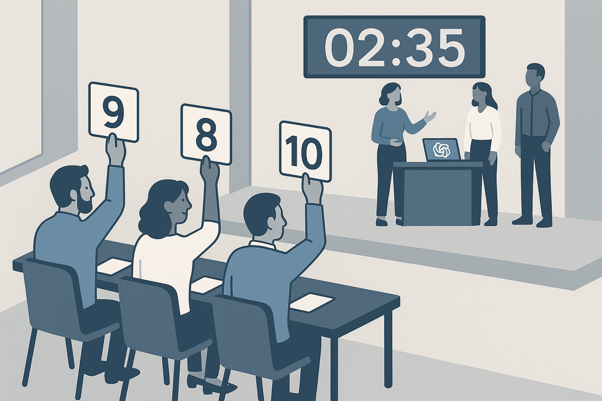 Judging panel scoring AI hackathon demos