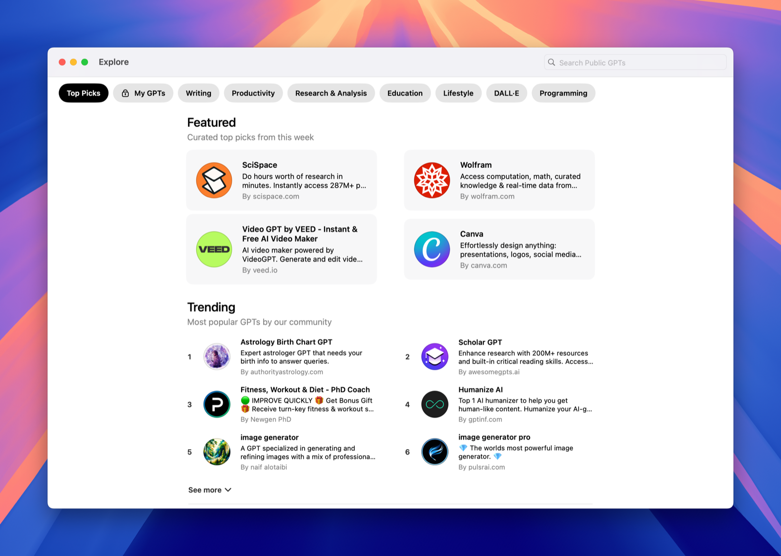 Screenshot: Explore GPTs Window